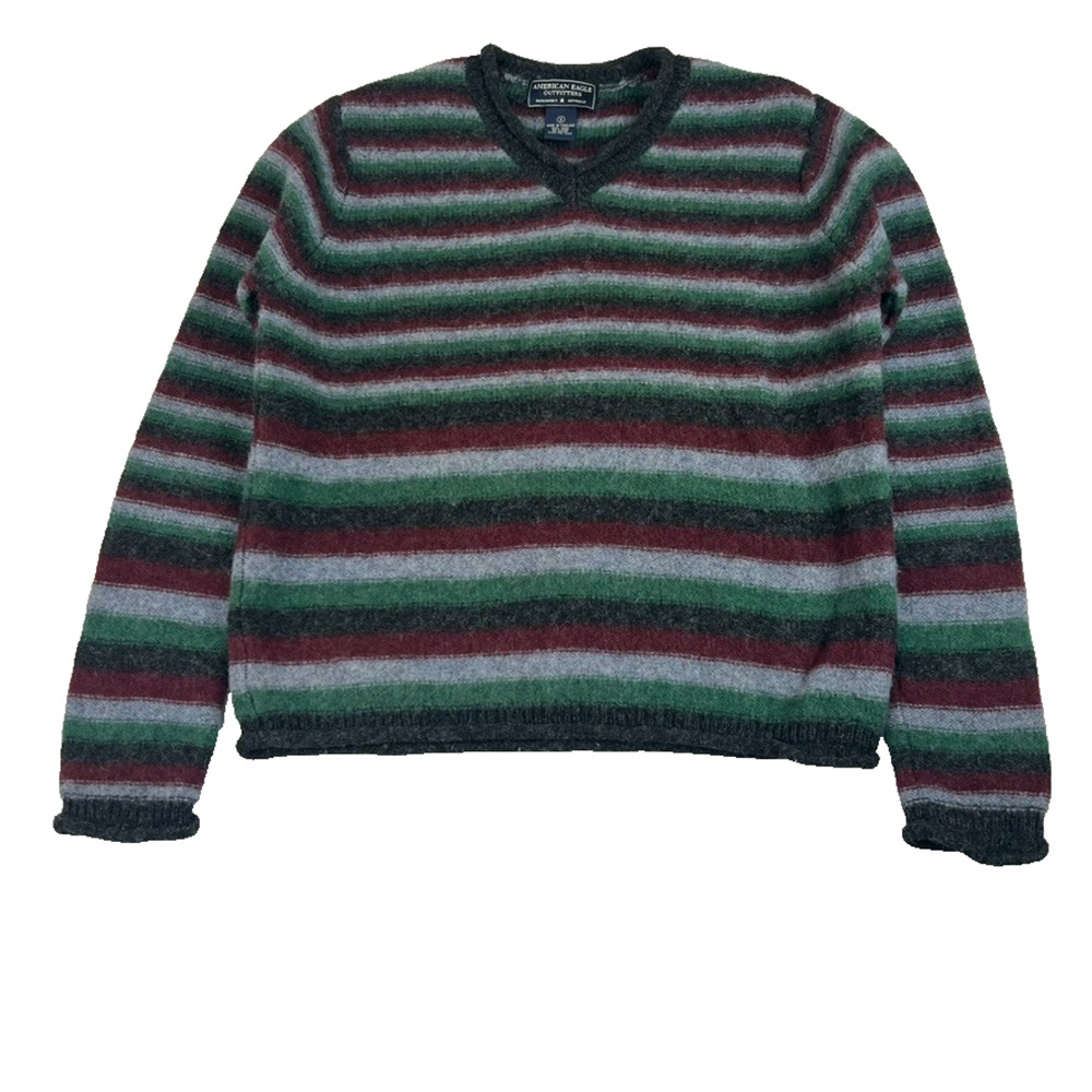 American Eagle Outfitters Pullover Sweater Men Wool V Neck Multicolor Striped